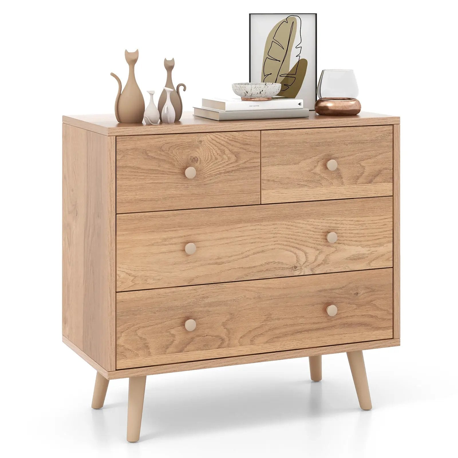 4-Drawer Dresser Cabinet Storage Organizer Rubber Leg with Rail-Natural by DirectDeals
