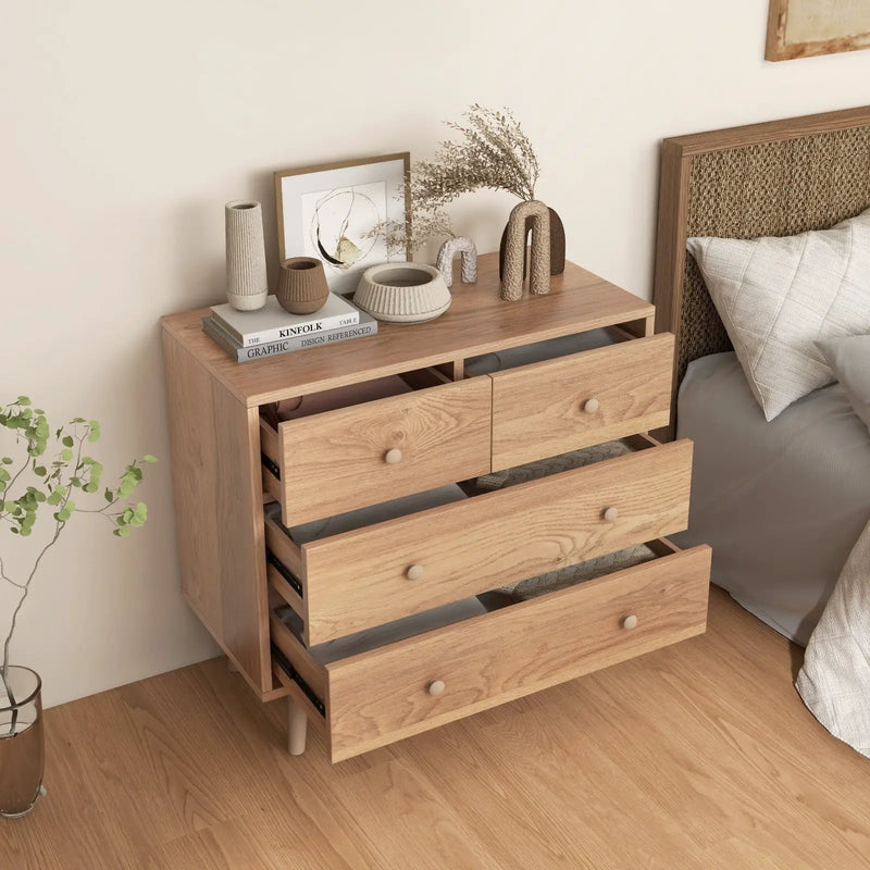 4-Drawer Dresser Cabinet Storage Organizer Rubber Leg with Rail-Natural by DirectDeals