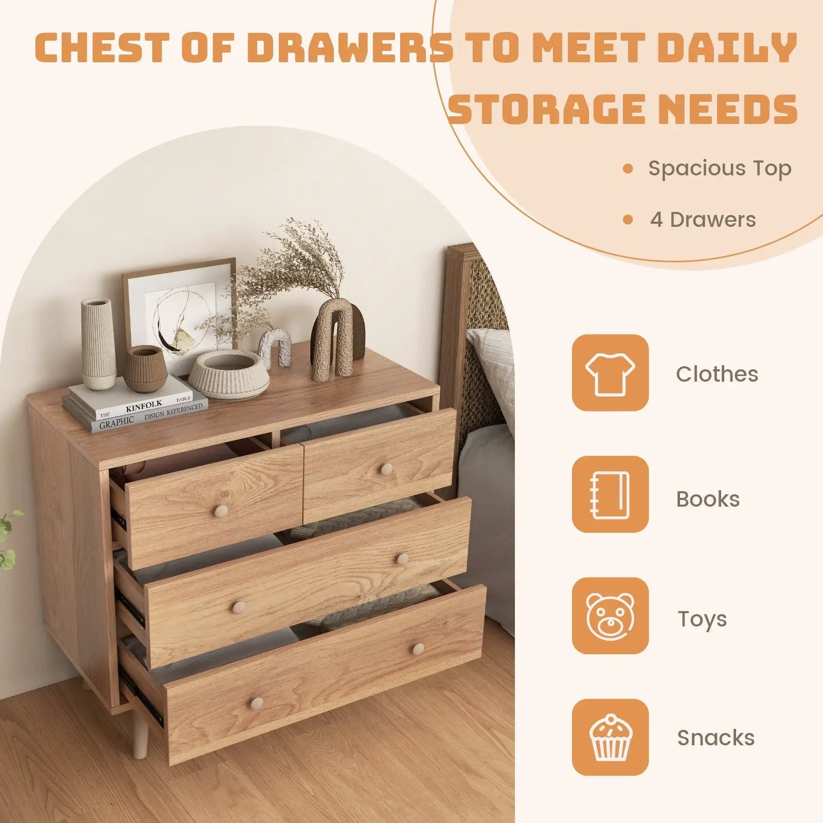 4-Drawer Dresser Cabinet Storage Organizer Rubber Leg with Rail-Natural by DirectDeals