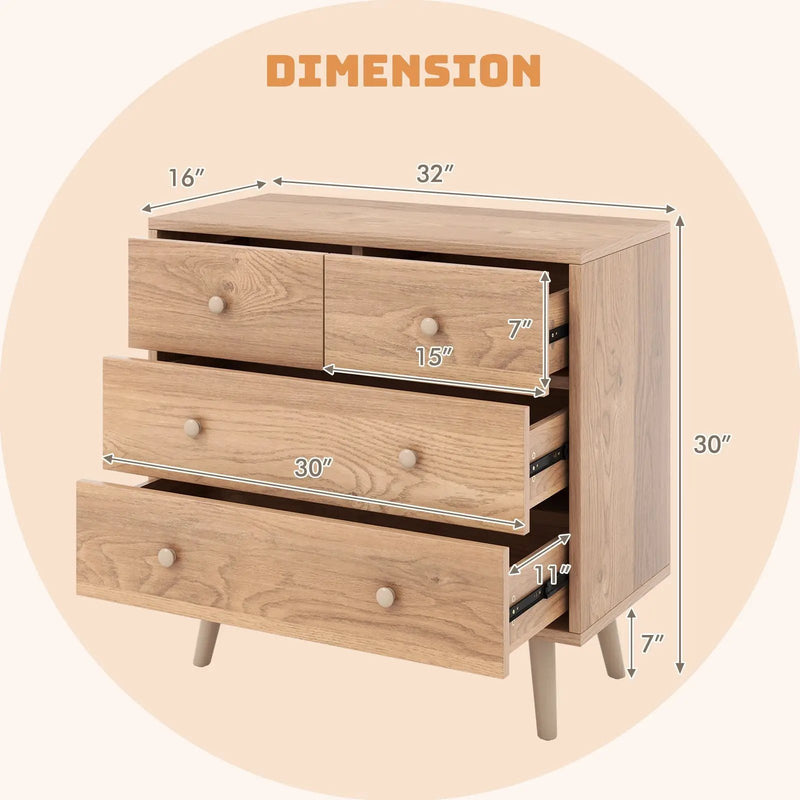 4-Drawer Dresser Cabinet Storage Organizer Rubber Leg with Rail-Natural by DirectDeals