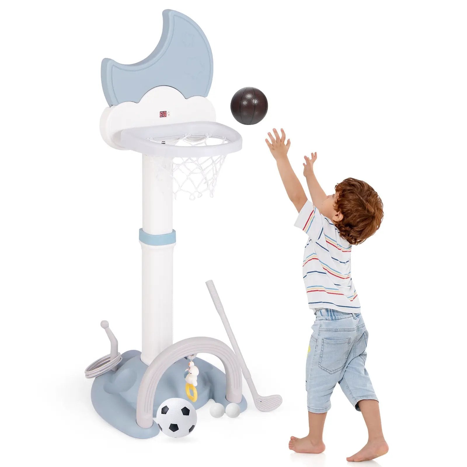 4-In-1 Kids Basketball Hoop with Moon-shaped Electronic Scoreboard and Play Set-Blue by DirectDeals
