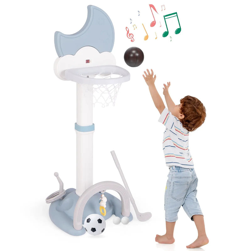 4-In-1 Kids Basketball Hoop with Moon-shaped Electronic Scoreboard and Play Set-Blue by DirectDeals