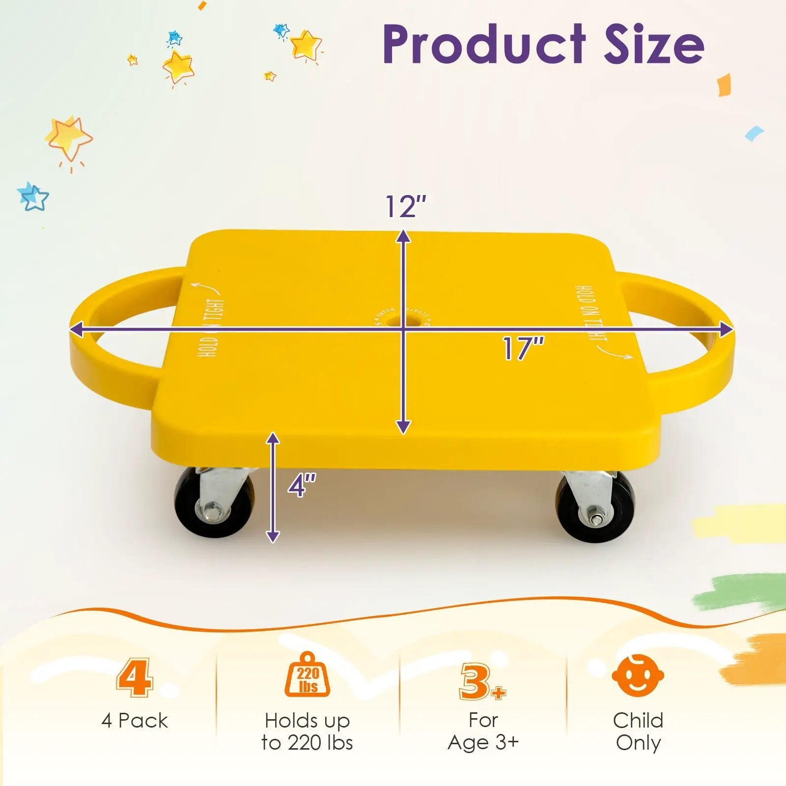 4/6-Pack Kids Sitting Scooter Board with Handles and Rolling Casters-4 Pack by DirectDeals
