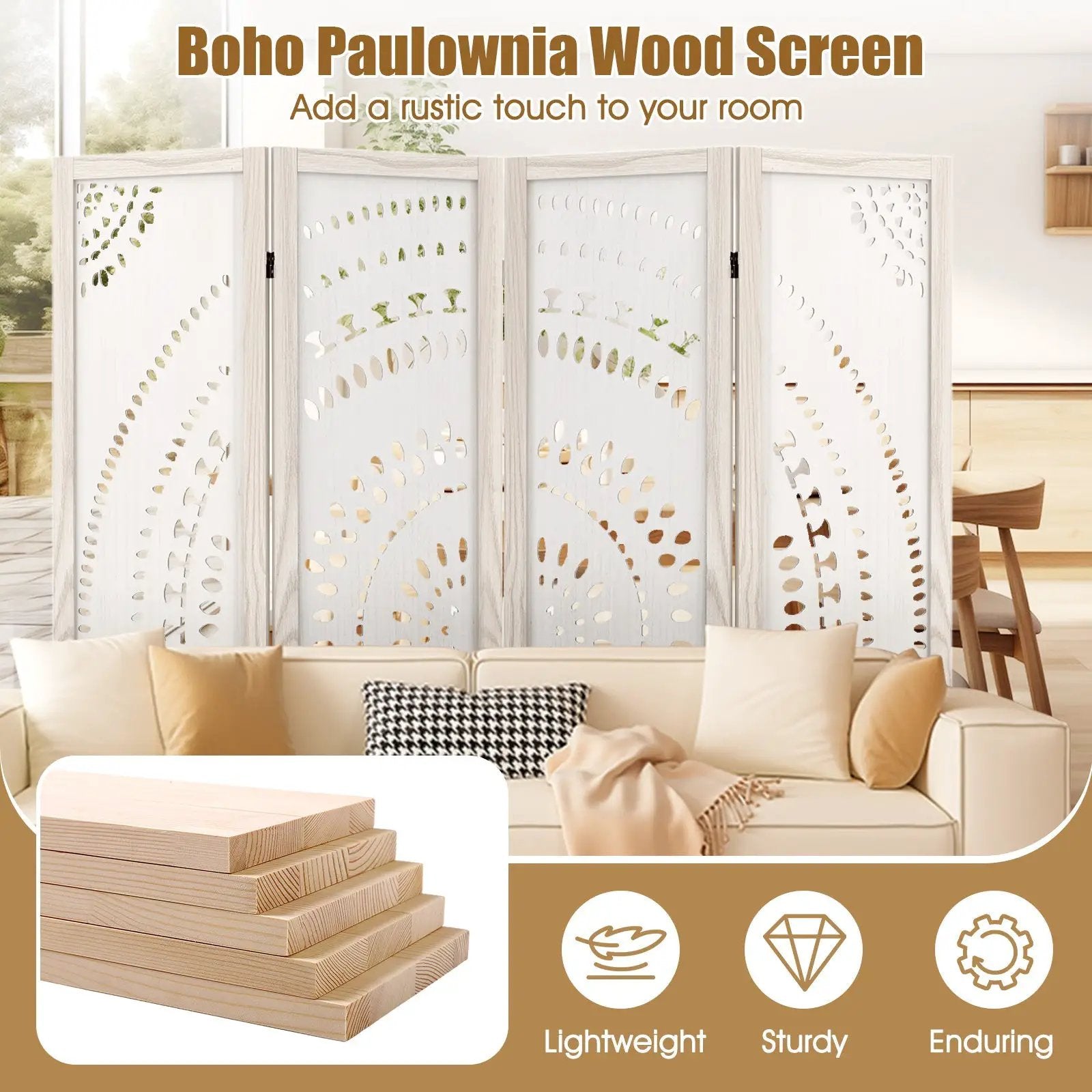 66 Inch Boho 4-Panel Room Divider Privacy Screen with Carved Pattern by DirectDeals