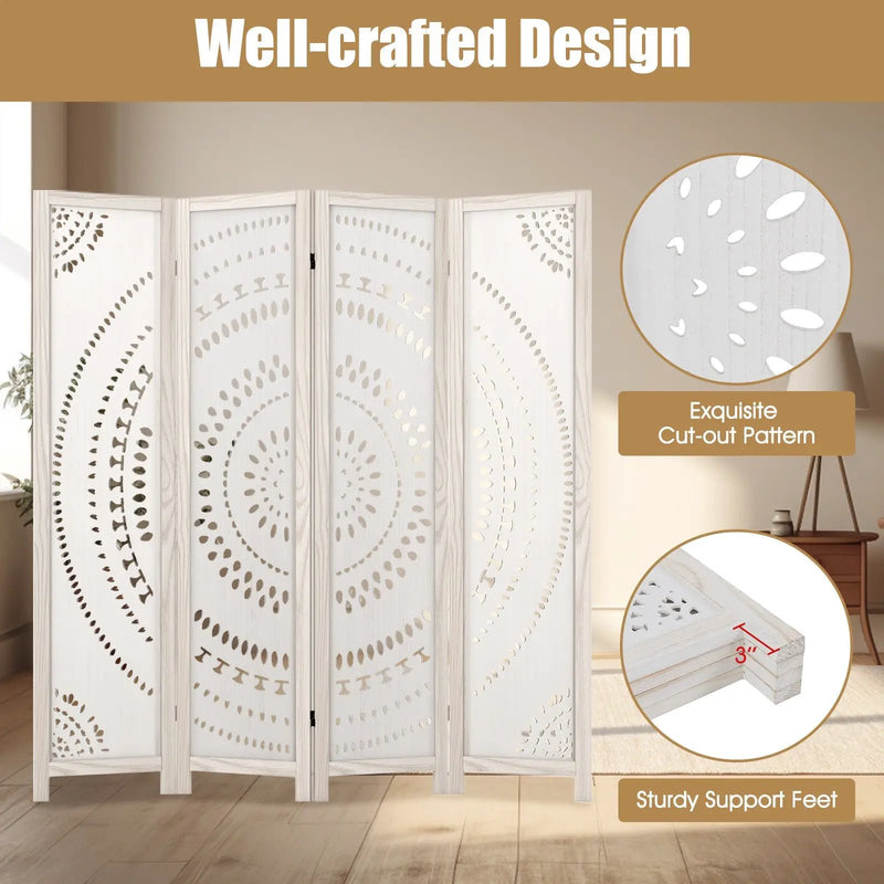 66 Inch Boho 4-Panel Room Divider Privacy Screen with Carved Pattern by DirectDeals