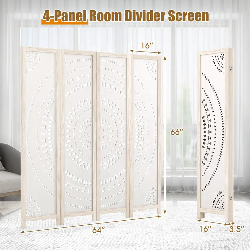 66 Inch Boho 4-Panel Room Divider Privacy Screen with Carved Pattern by DirectDeals