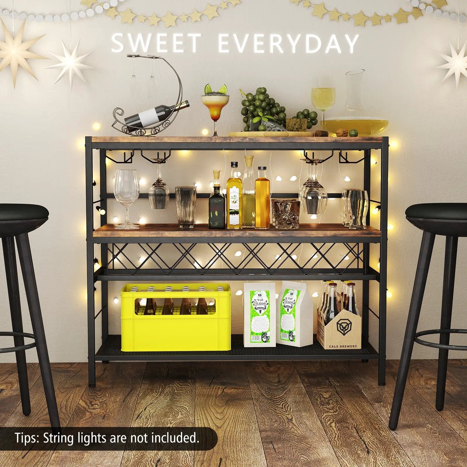 41 Inch 4-Tier Bar Table with Wine Rack and 4 Rows of Glass Holders-Rustic Brown by DirectDeals