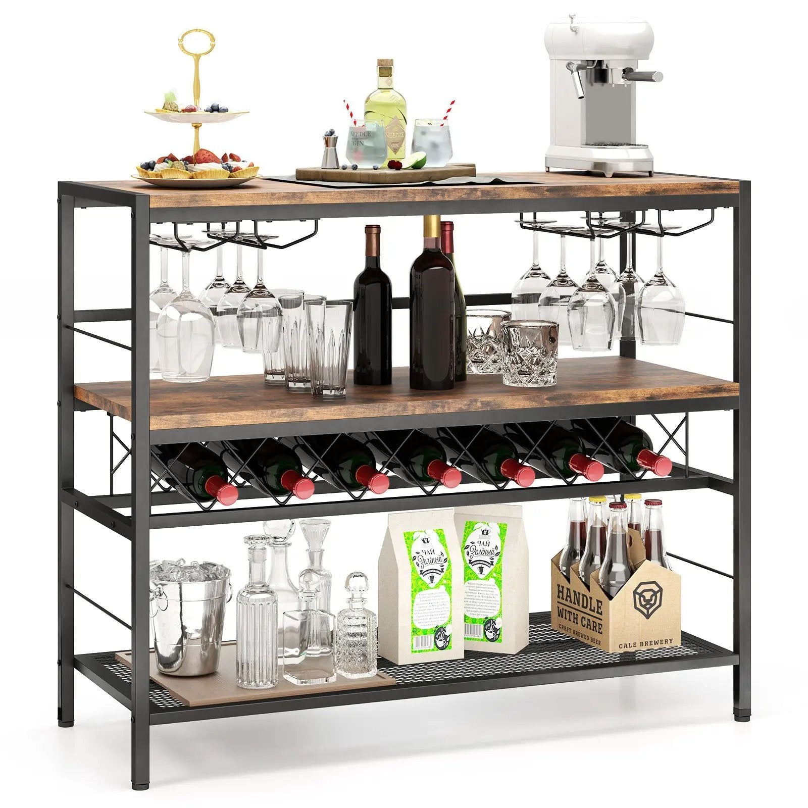 41 Inch 4-Tier Bar Table with Wine Rack and 4 Rows of Glass Holders-Rustic Brown by DirectDeals