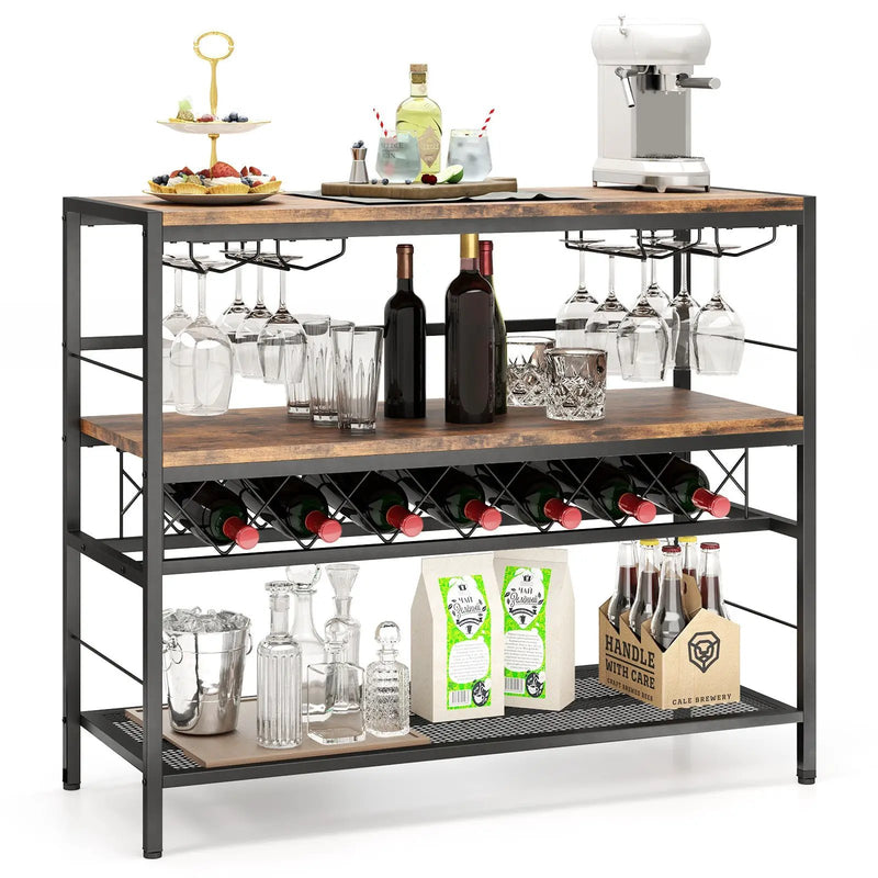 41 Inch 4-Tier Bar Table with Wine Rack and 4 Rows of Glass Holders-Rustic Brown by DirectDeals