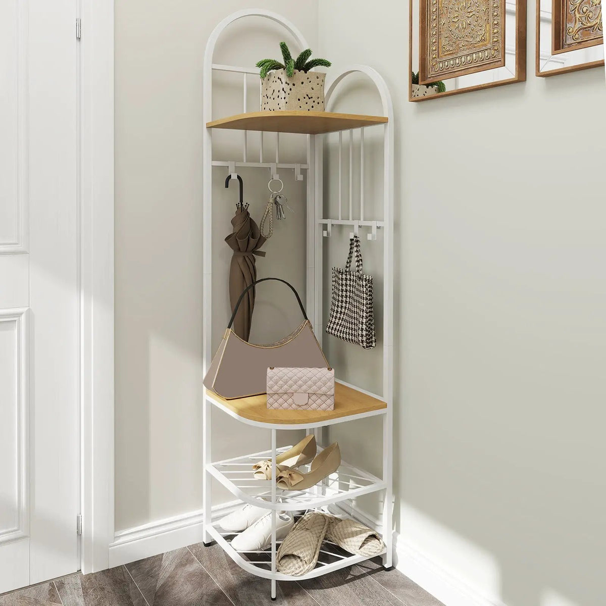 4-Tier Coat Rack Corner Hall Tree with Shoe Storage Bench, photo 2 of 10