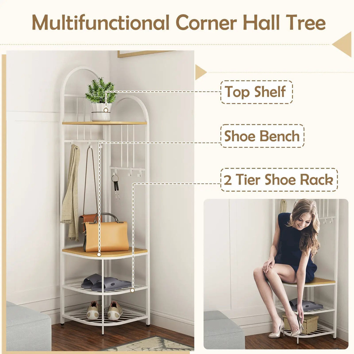 4-Tier Coat Rack Corner Hall Tree with Shoe Storage Bench, photo 7 of 10