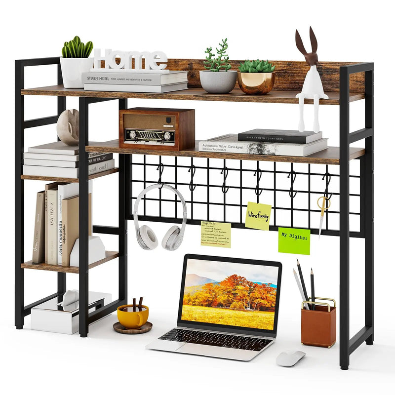 4-Tier Desk Shelf Desktop Display Rack with Metal Grid Panel and 6 Hooks by DirectDeals