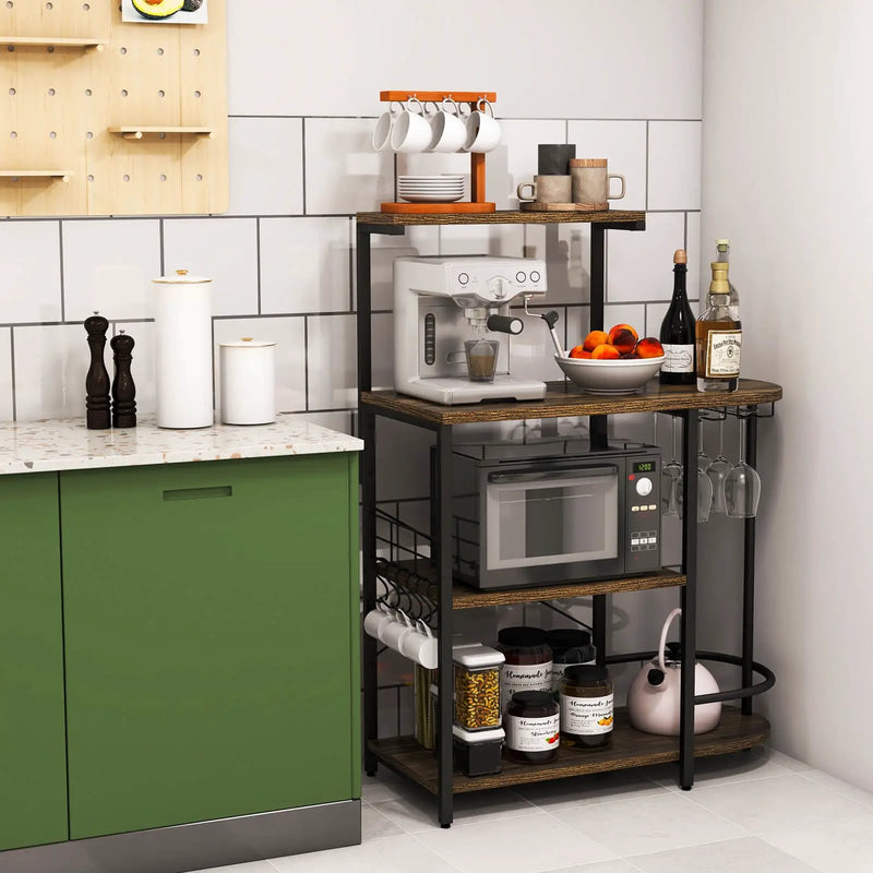 4-Tier Kitchen Bakers Rack with 6 S-Hooks and Stemware Racks-Rustic Brown by DirectDeals