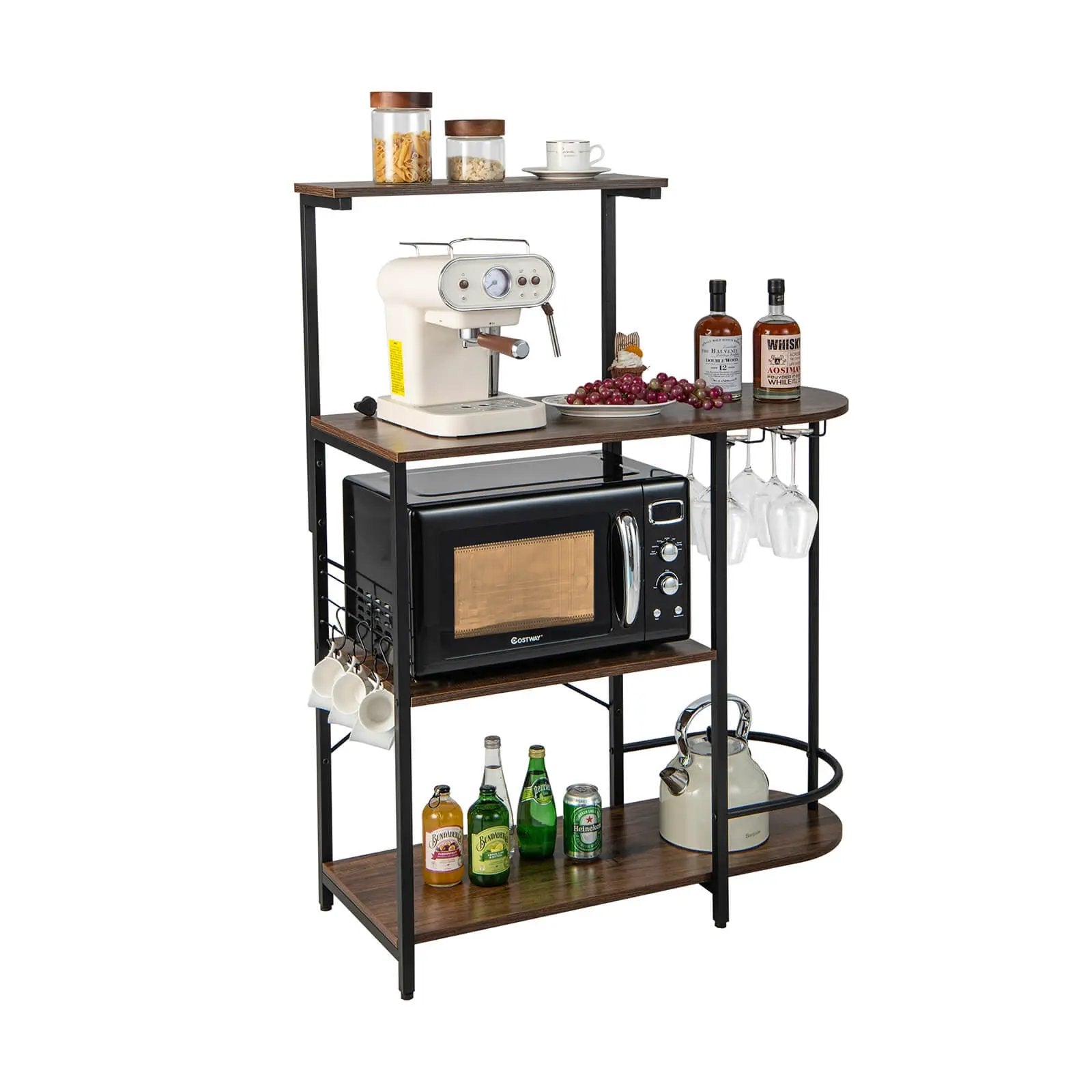 4-Tier Kitchen Bakers Rack with 6 S-Hooks and Stemware Racks-Rustic Brown by DirectDeals