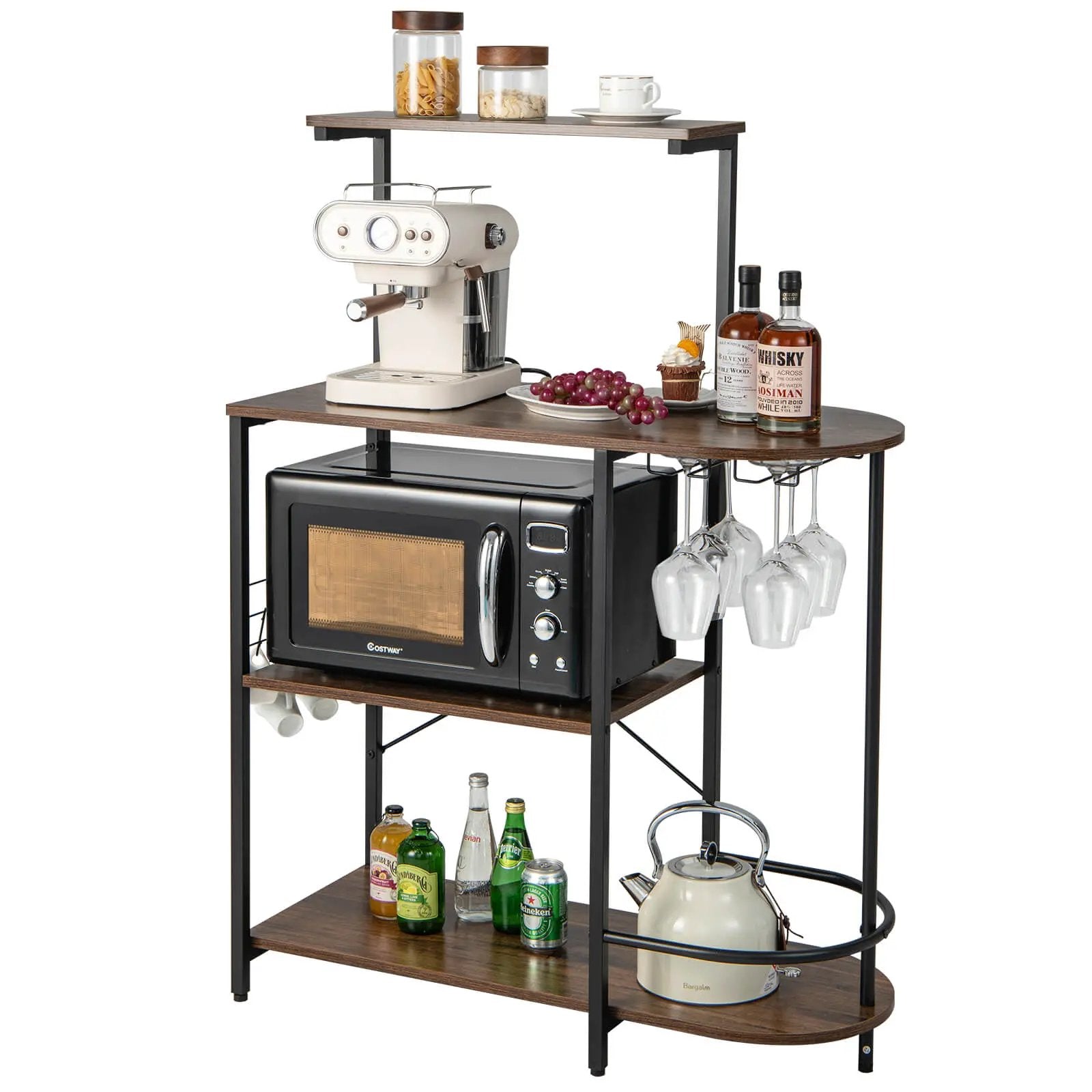 4-Tier Kitchen Bakers Rack with 6 S-Hooks and Stemware Racks-Rustic Brown by DirectDeals