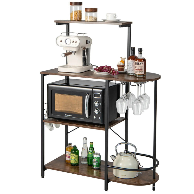4-Tier Kitchen Bakers Rack with 6 S-Hooks and Stemware Racks-Rustic Brown by DirectDeals