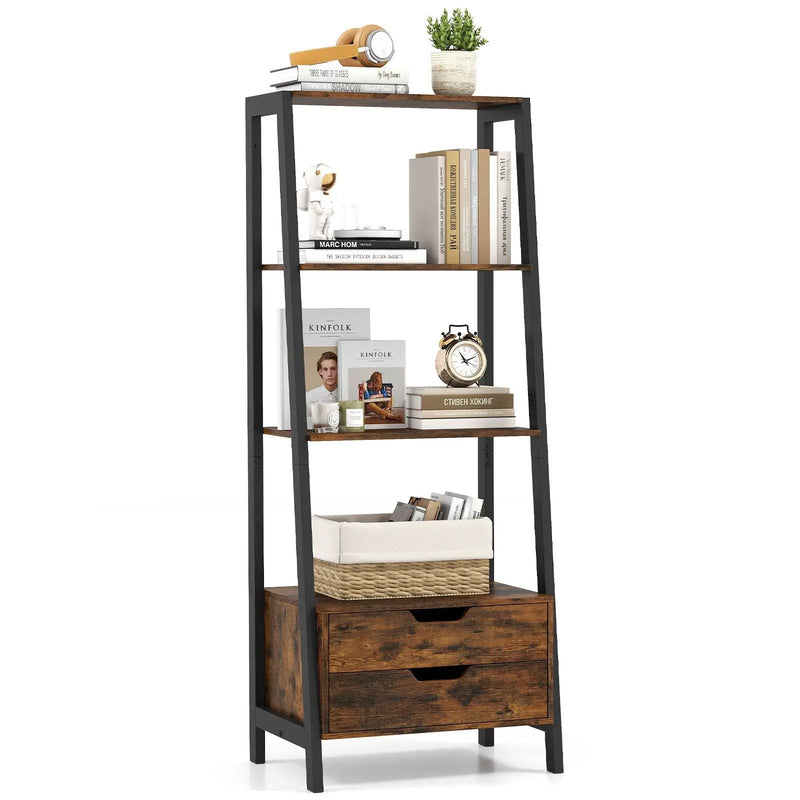 4-Tier Ladder Shelf with 2 Drawers 52.5 Inch Tall Freestanding Bookcase by DirectDeals
