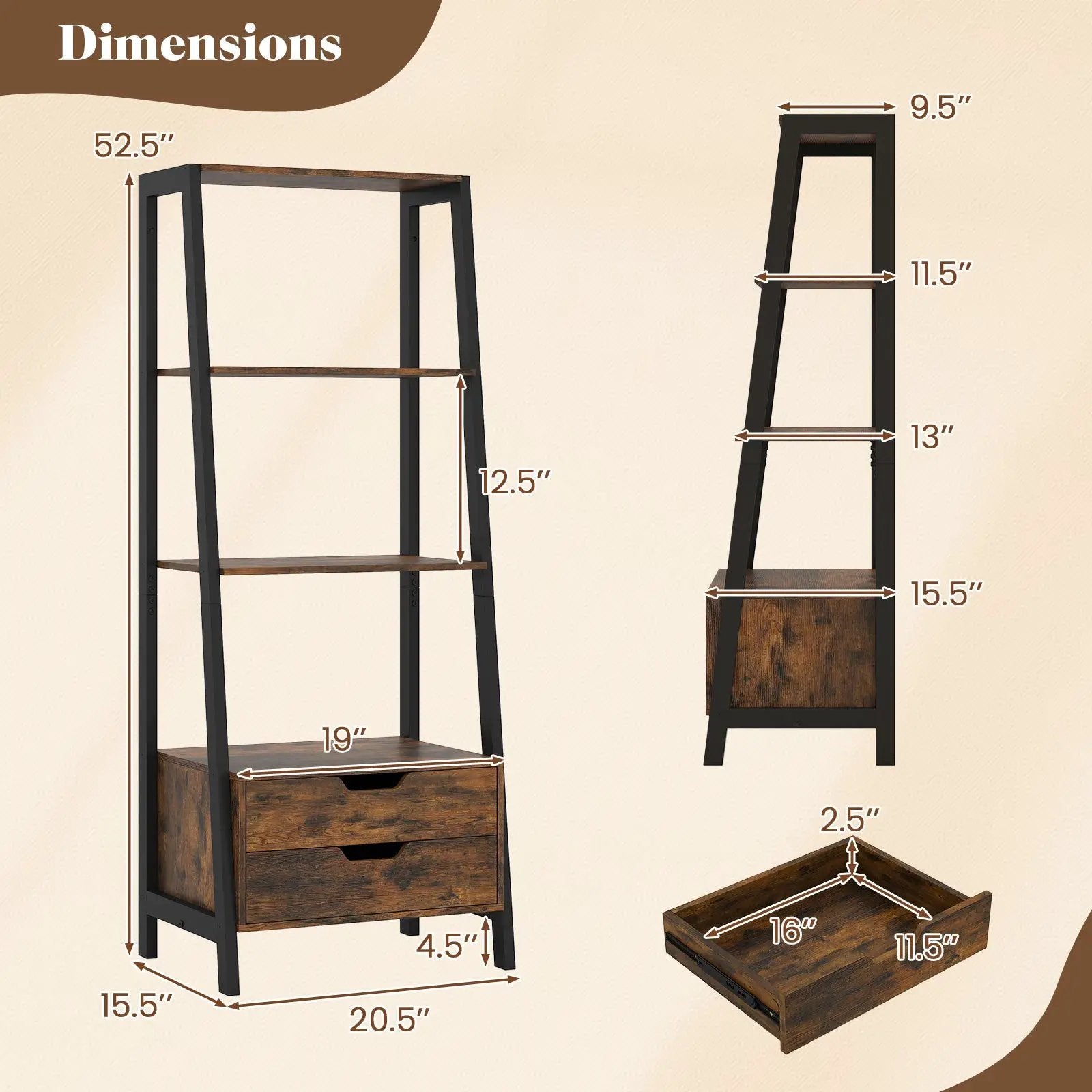 4-Tier Ladder Shelf with 2 Drawers 52.5 Inch Tall Freestanding Bookcase by DirectDeals