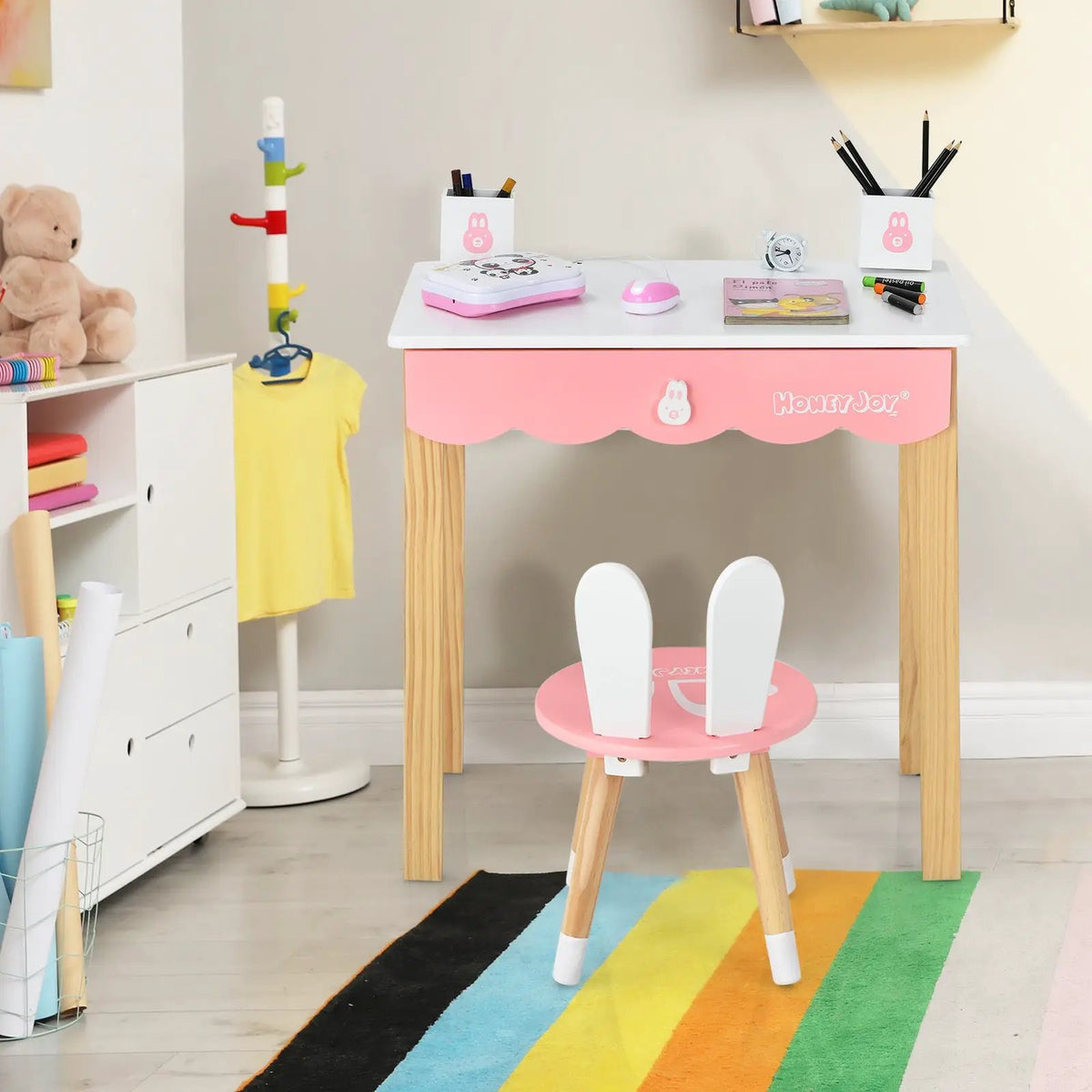 Kids Vanity Set Rabbit Makeup Dressing Table Chair Set with Mirror and Drawer, photo 7 of 9