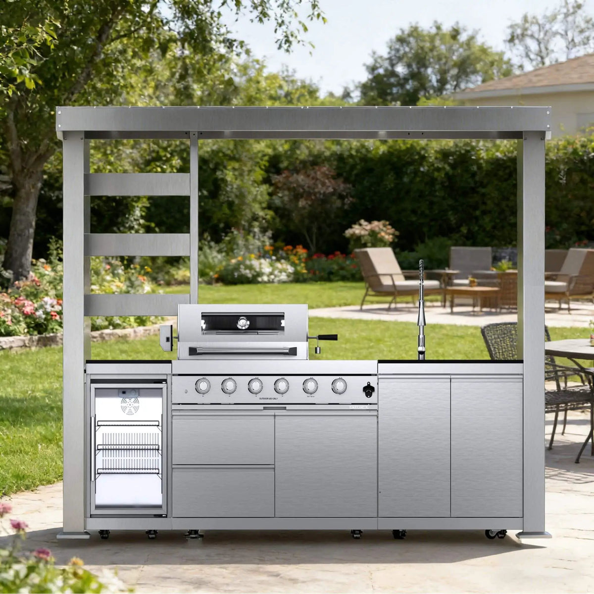 Castelle Flame Imperial 110-Inch 4-Burner 72K BTU Deluxe Stainless Steel Outdoor Kitchen Grill Island With Wine Cooler, Rotisserie, Cabinets, And Granite Countertops (SAK94721) by SAKSBY WHOLESALE