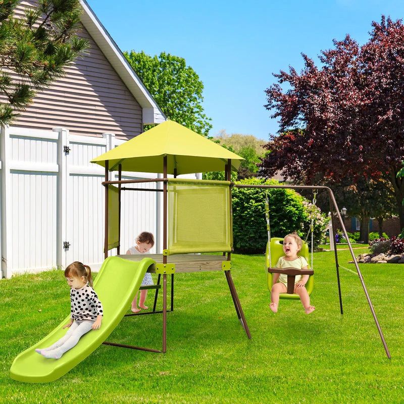 4-in-1 Swing Set with Covered Playhouse Fort and Height Adjustable Baby Seat-Green by DirectDeals