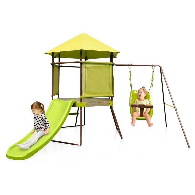 4-in-1 Swing Set with Covered Playhouse Fort and Height Adjustable Baby Seat-Green by DirectDeals