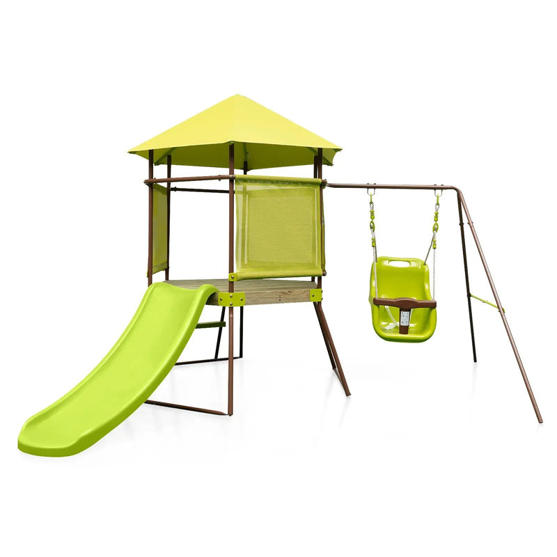 4-in-1 Swing Set with Covered Playhouse Fort and Height Adjustable Baby Seat-Green by DirectDeals