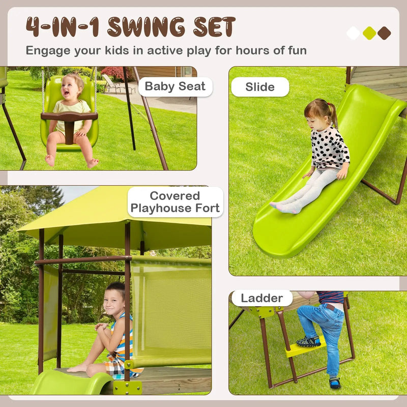 4-in-1 Swing Set with Covered Playhouse Fort and Height Adjustable Baby Seat-Green by DirectDeals