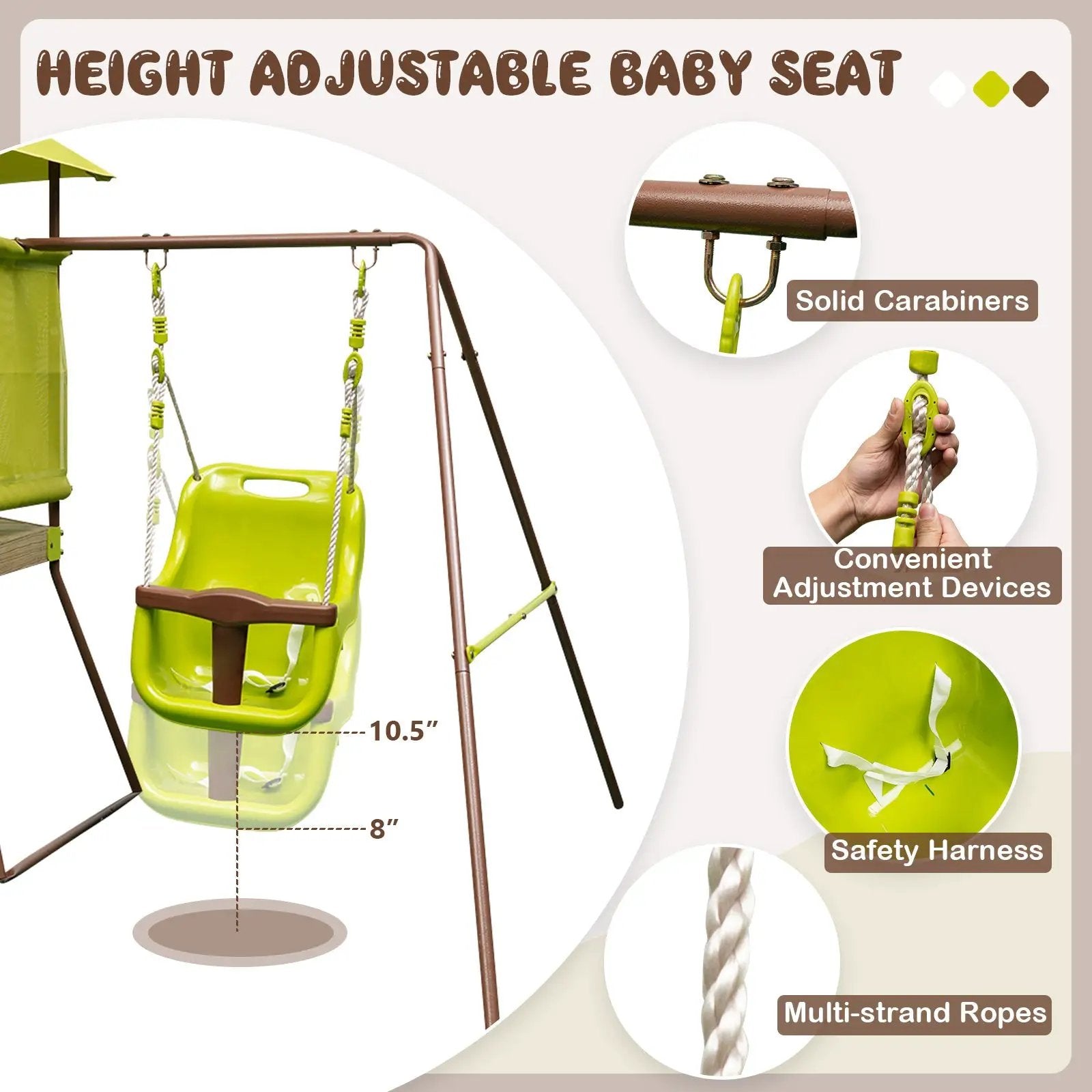 4-in-1 Swing Set with Covered Playhouse Fort and Height Adjustable Baby Seat-Green by DirectDeals