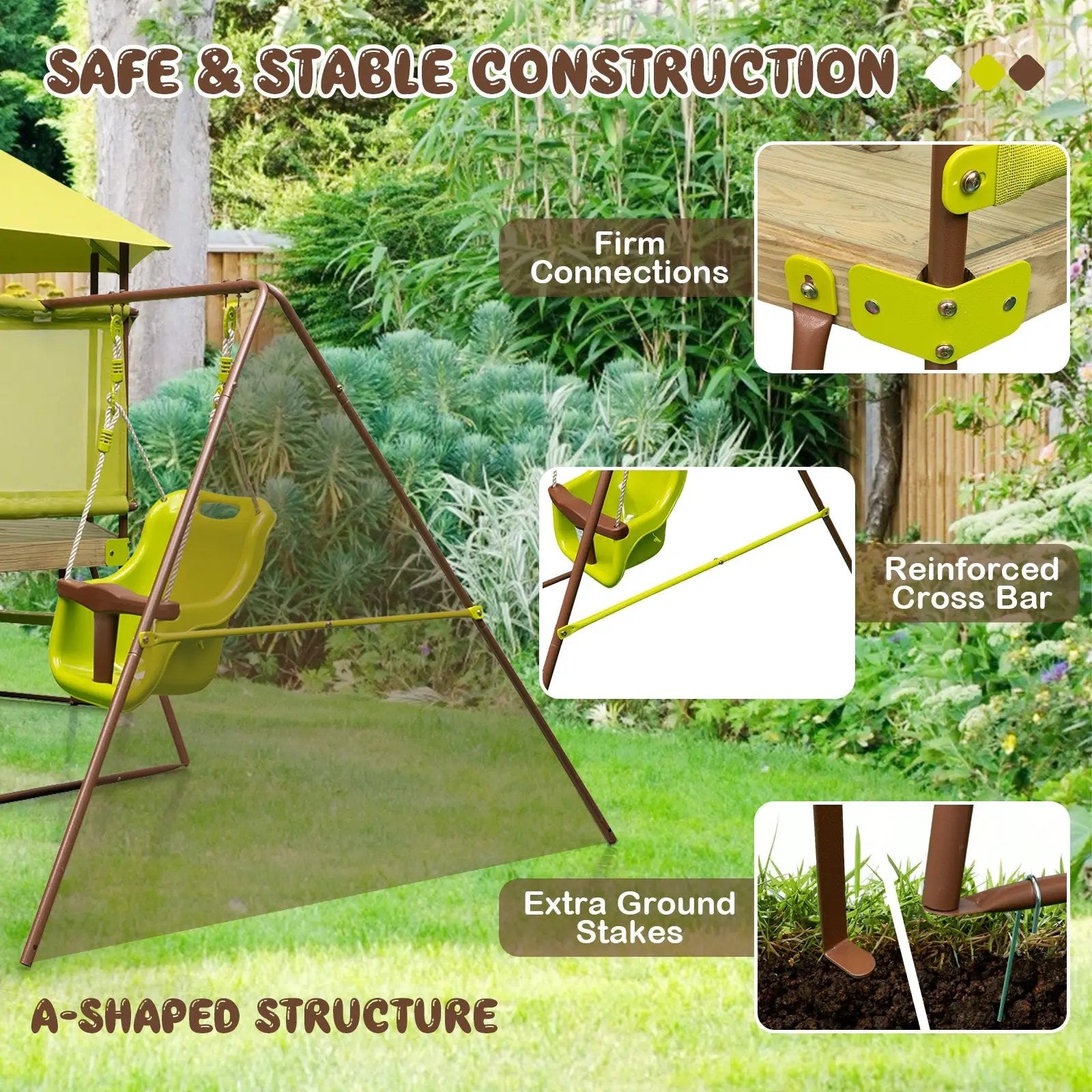 4-in-1 Swing Set with Covered Playhouse Fort and Height Adjustable Baby Seat-Green by DirectDeals