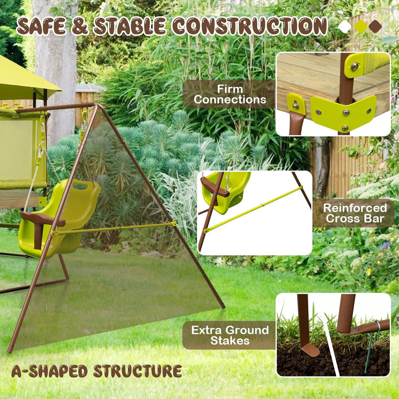 4-in-1 Swing Set with Covered Playhouse Fort and Height Adjustable Baby Seat-Green by DirectDeals