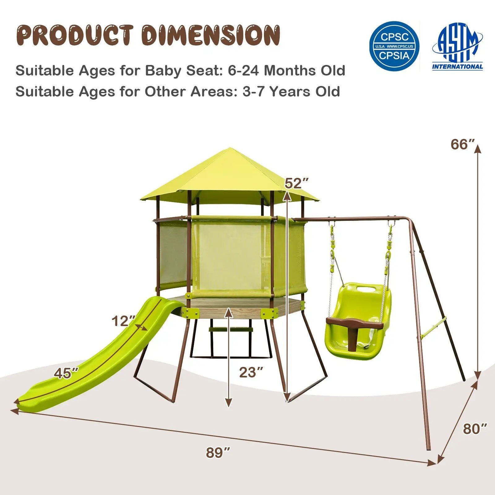 4-in-1 Swing Set with Covered Playhouse Fort and Height Adjustable Baby Seat-Green by DirectDeals