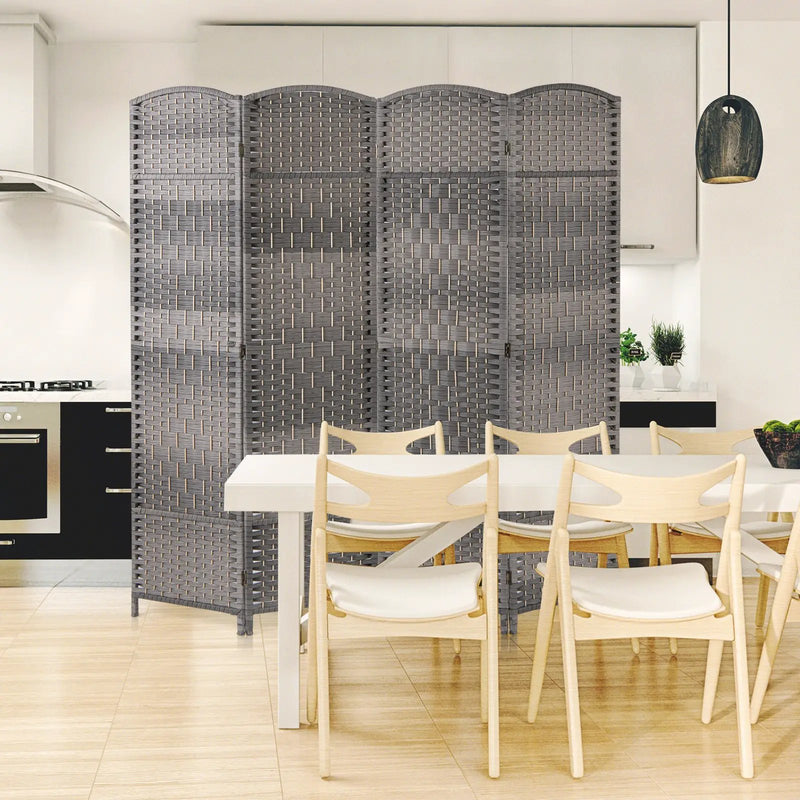 4-Panel Folding Privacy Screen with Hand-woven Pattern for Home Office Living Room-Gray by DirectDeals