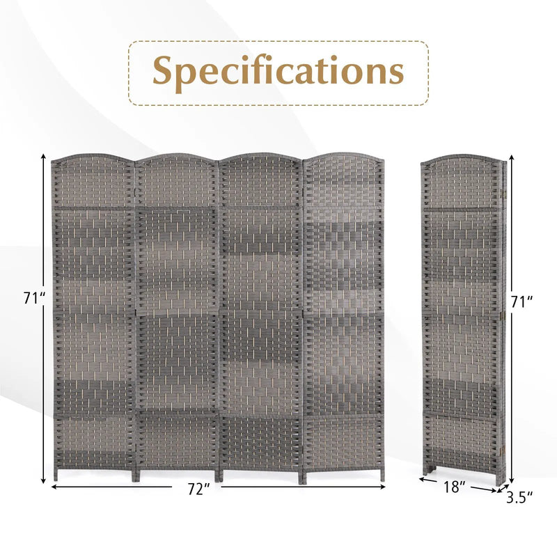 4-Panel Folding Privacy Screen with Hand-woven Pattern for Home Office Living Room-Gray by DirectDeals