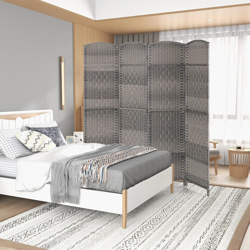 4-Panel Folding Privacy Screen with Hand-woven Pattern for Home Office Living Room-Gray by DirectDeals