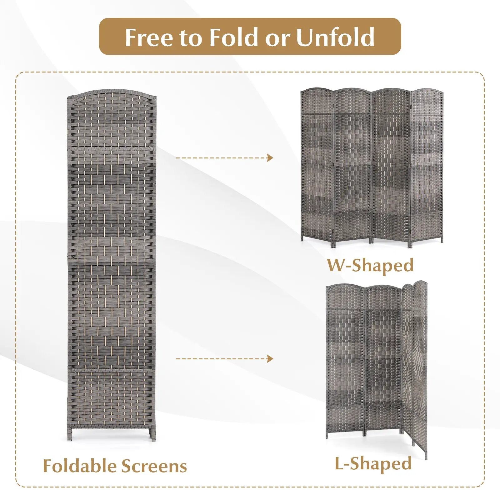 4-Panel Folding Privacy Screen with Hand-woven Pattern for Home Office Living Room-Gray by DirectDeals