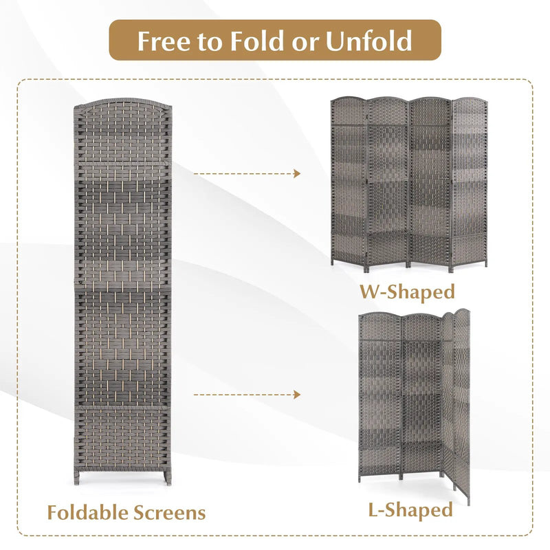 4-Panel Folding Privacy Screen with Hand-woven Pattern for Home Office Living Room-Gray by DirectDeals