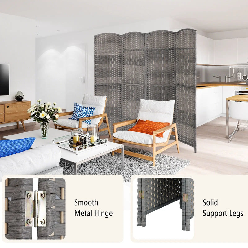 4-Panel Folding Privacy Screen with Hand-woven Pattern for Home Office Living Room-Gray by DirectDeals