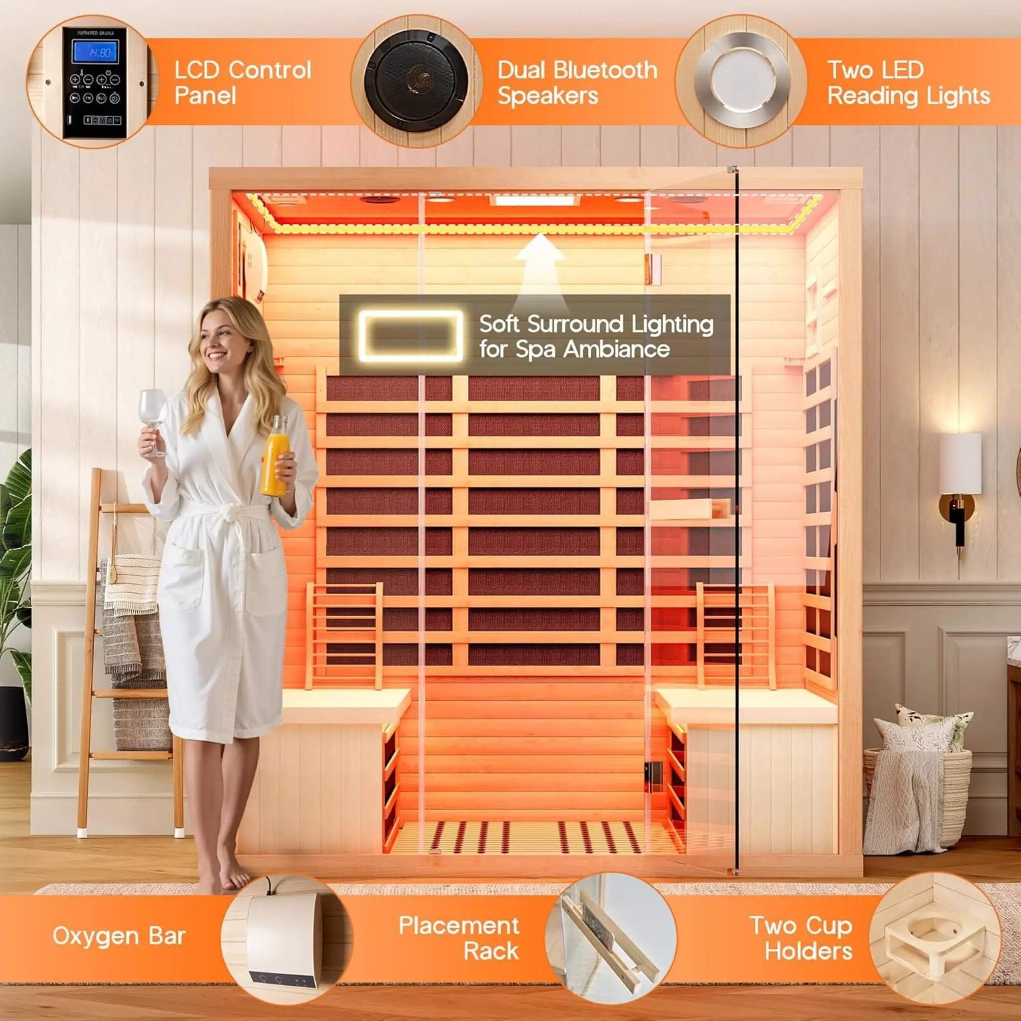 Thermora Seville 4-Person Low EMF Canadian Hemlock Infrared Sauna With Bluetooth (SAK29571) by SAKSBY WHOLESALE