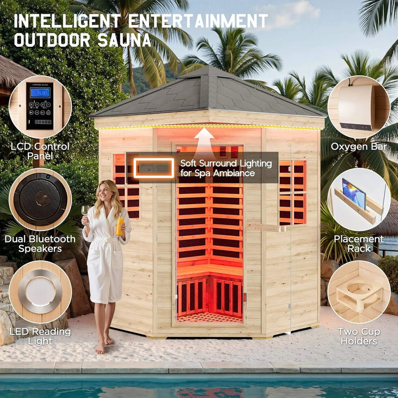 Thermora Monaco 4-Person Low EMF Spruce Wood Outdoor Infrared Sauna With Bluetooth Speakers And LED Lights (SAK16270) by SAKSBY WHOLESALE