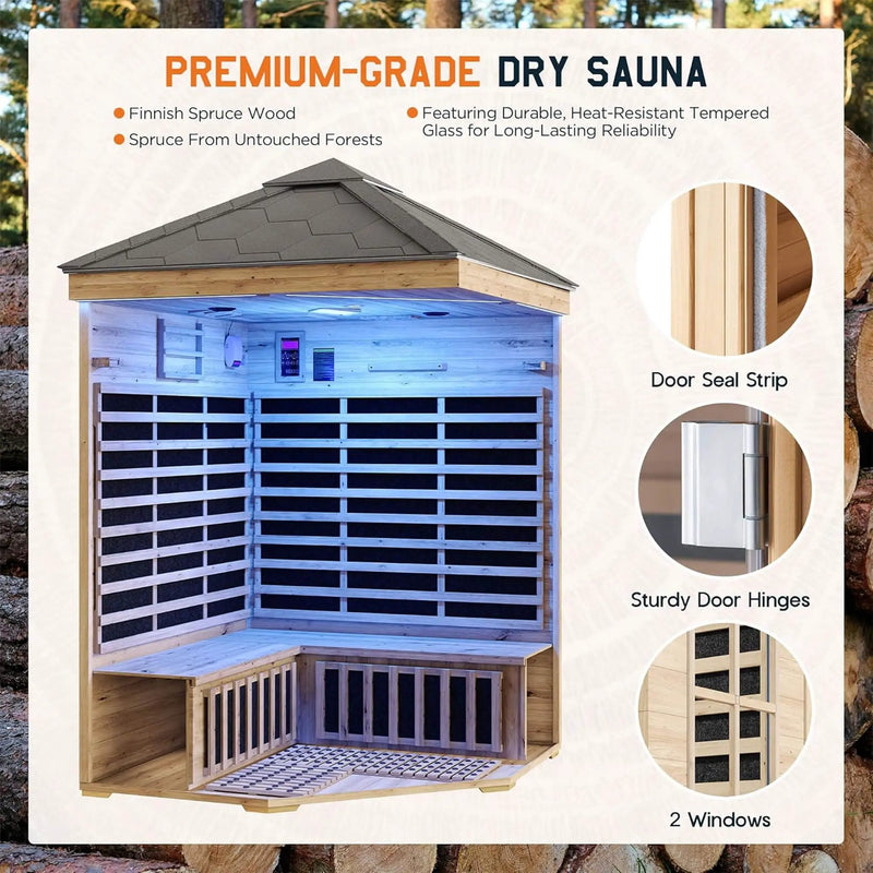 Thermora Monaco 4-Person Low EMF Spruce Wood Outdoor Infrared Sauna With Bluetooth Speakers And LED Lights (SAK16270) by SAKSBY WHOLESALE