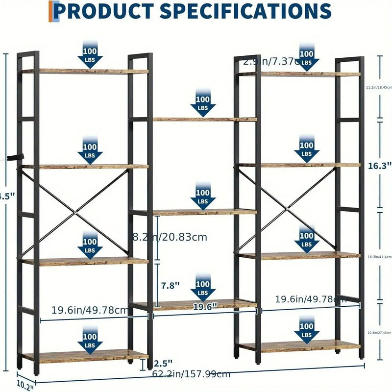 4-Tier Industrial Bookshelf with 11 Display Shelves - Freestanding Metal Frame, Modern Wide Bookcase for Living Room & Office, Beige Finish, Assembly Required, 68.58cm Height, Book Storage, Minimalist Decor, Sturdy Constructi by House Of Avana