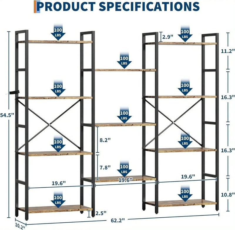 4-Tier Industrial Bookshelf with 11 Display Shelves - Freestanding Metal Frame, Modern Wide Bookcase for Living Room & Office, Beige Finish, Assembly Required, 68.58cm Height, Book Storage, Minimalist Decor, Sturdy Constructi by House Of Avana