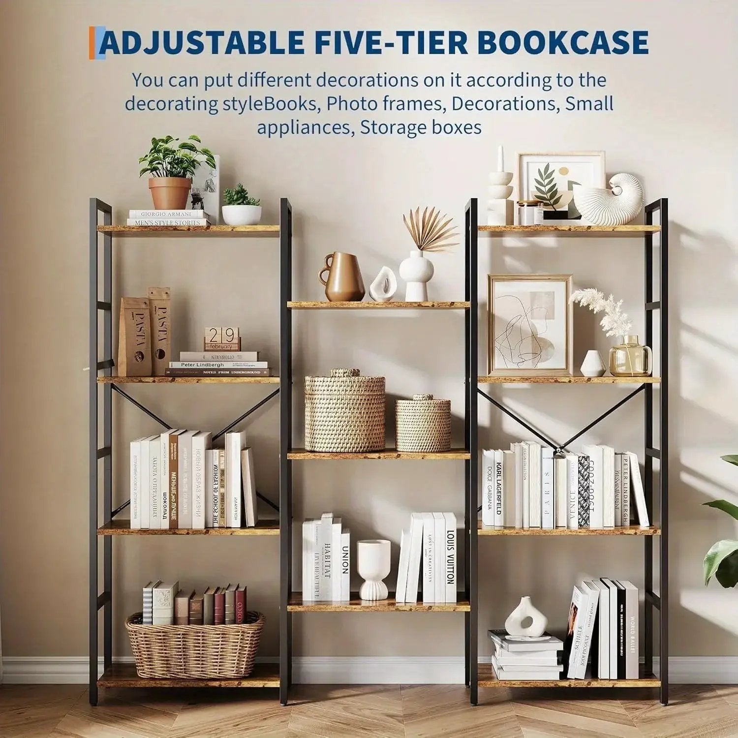 4-Tier Industrial Bookshelf with 11 Display Shelves - Freestanding Metal Frame, Modern Wide Bookcase for Living Room & Office, Beige Finish, Assembly Required, 68.58cm Height, Book Storage, Minimalist Decor, Sturdy Constructi by House Of Avana