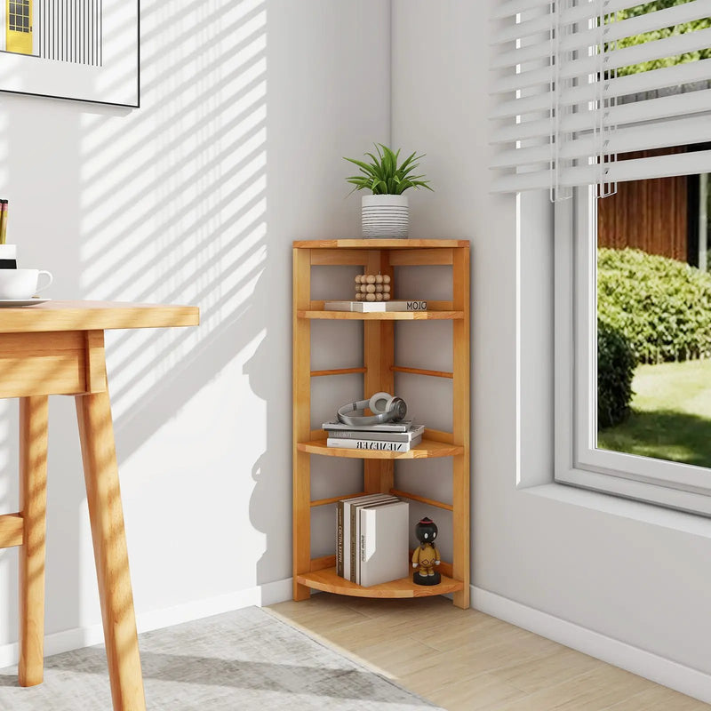 4-Tier Corner Shelf with Rubber Wood Frame and Anti-Toppling Kit by DirectDeals
