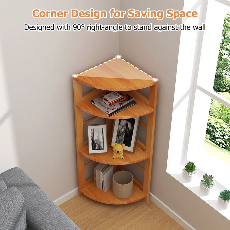 4-Tier Corner Shelf with Rubber Wood Frame and Anti-Toppling Kit by DirectDeals
