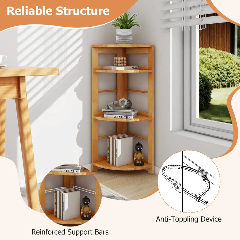4-Tier Corner Shelf with Rubber Wood Frame and Anti-Toppling Kit by DirectDeals