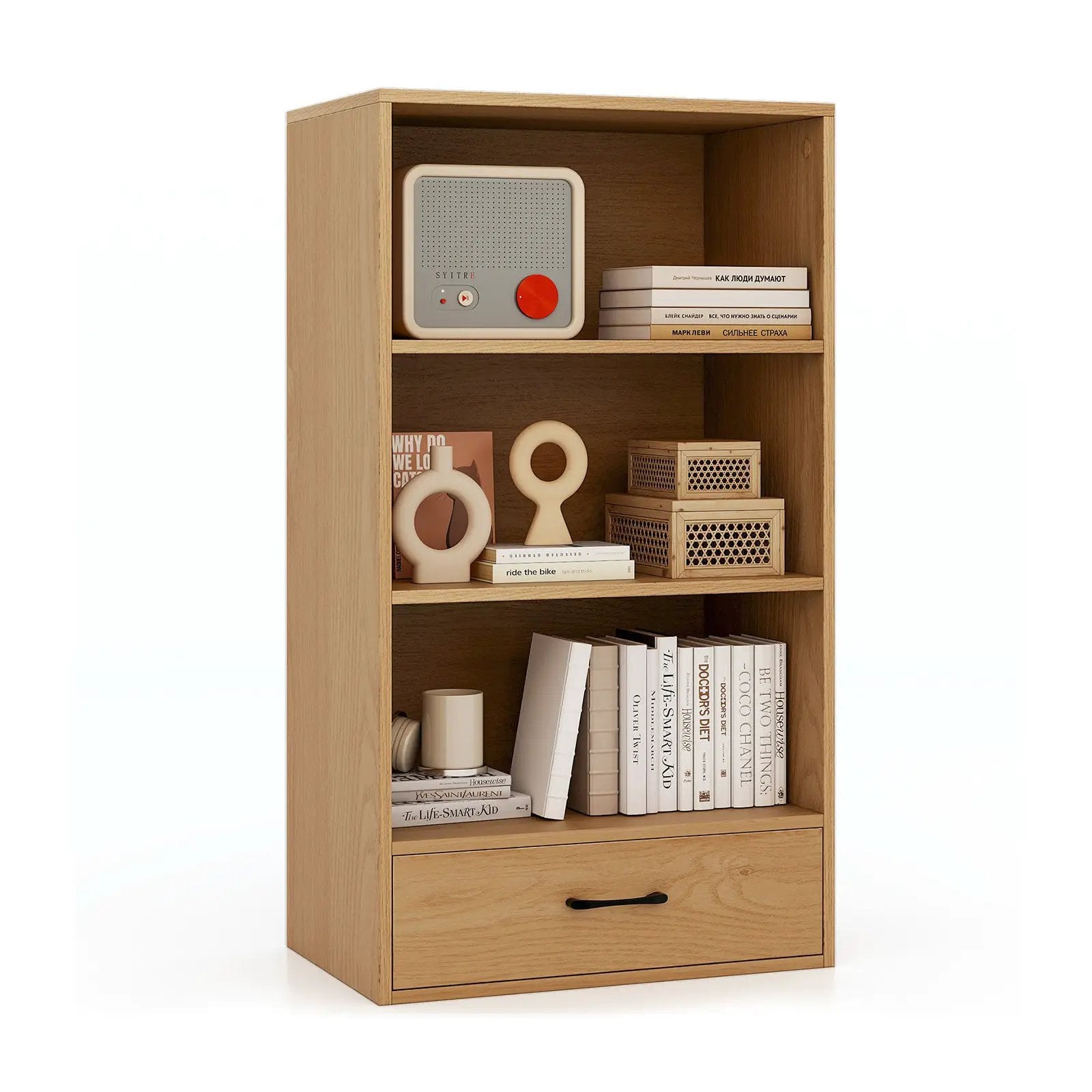 48 Inch Tall 4 Tiers Wood Bookcase with Drawer-Gray by DirectDeals