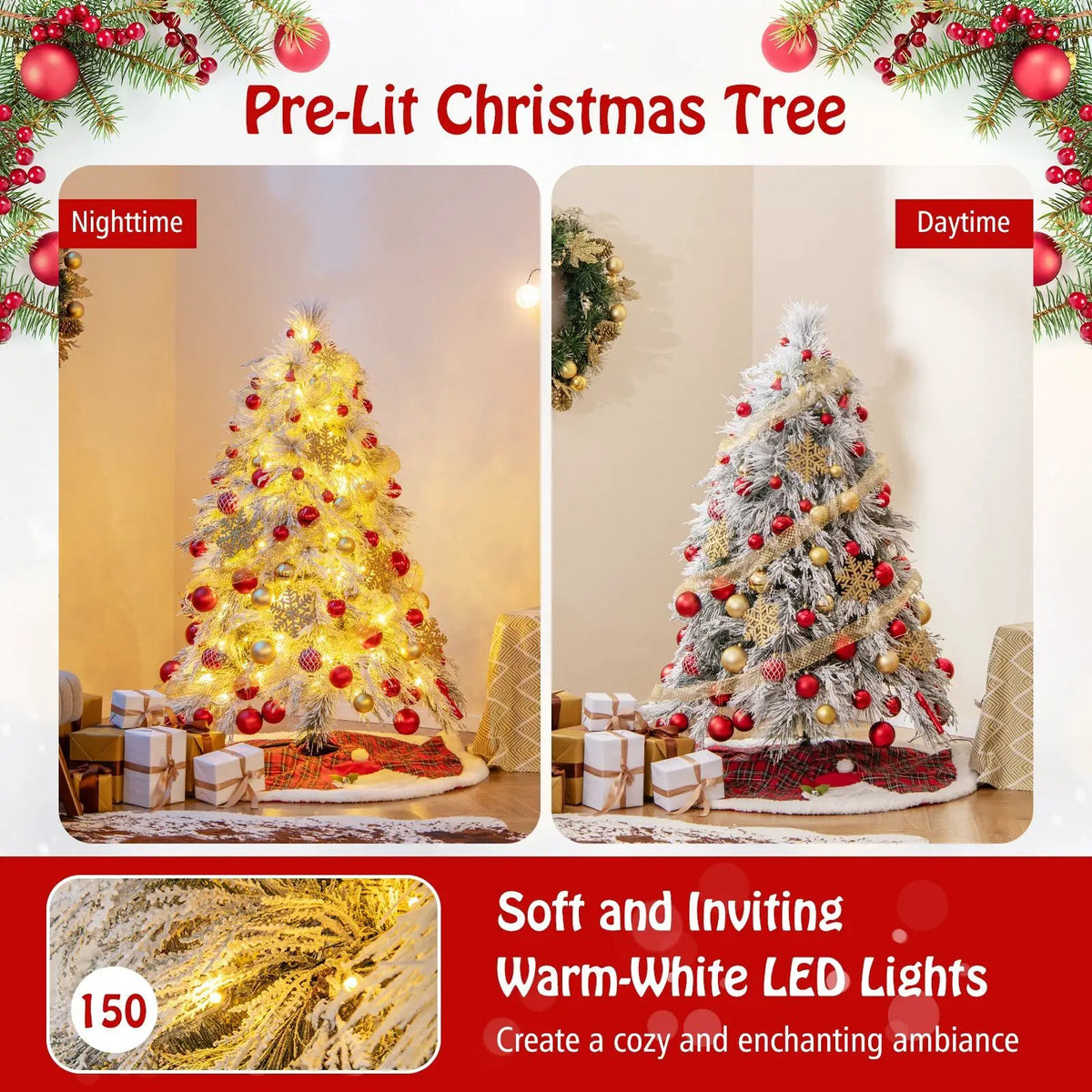 4.5/6/7 Feet Pre-Lit Snow Flocked Christmas Tree with Warm White LED Lights, photo 20 of 24