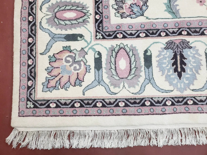 Ivory & Teal Indo Persian Area Rug 9x12, Wool Hand-Knotted Oriental Carpet, 9 x 12 Soft Traditional Living Room Rug, Dining Room Rug by Jewel Rugs